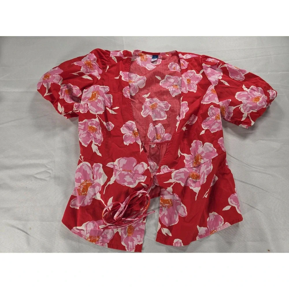 NWT Old Navy Floral‎ Puff Sleeve Wrap Top S Red Pink Cottagecore Peplum Babydoll